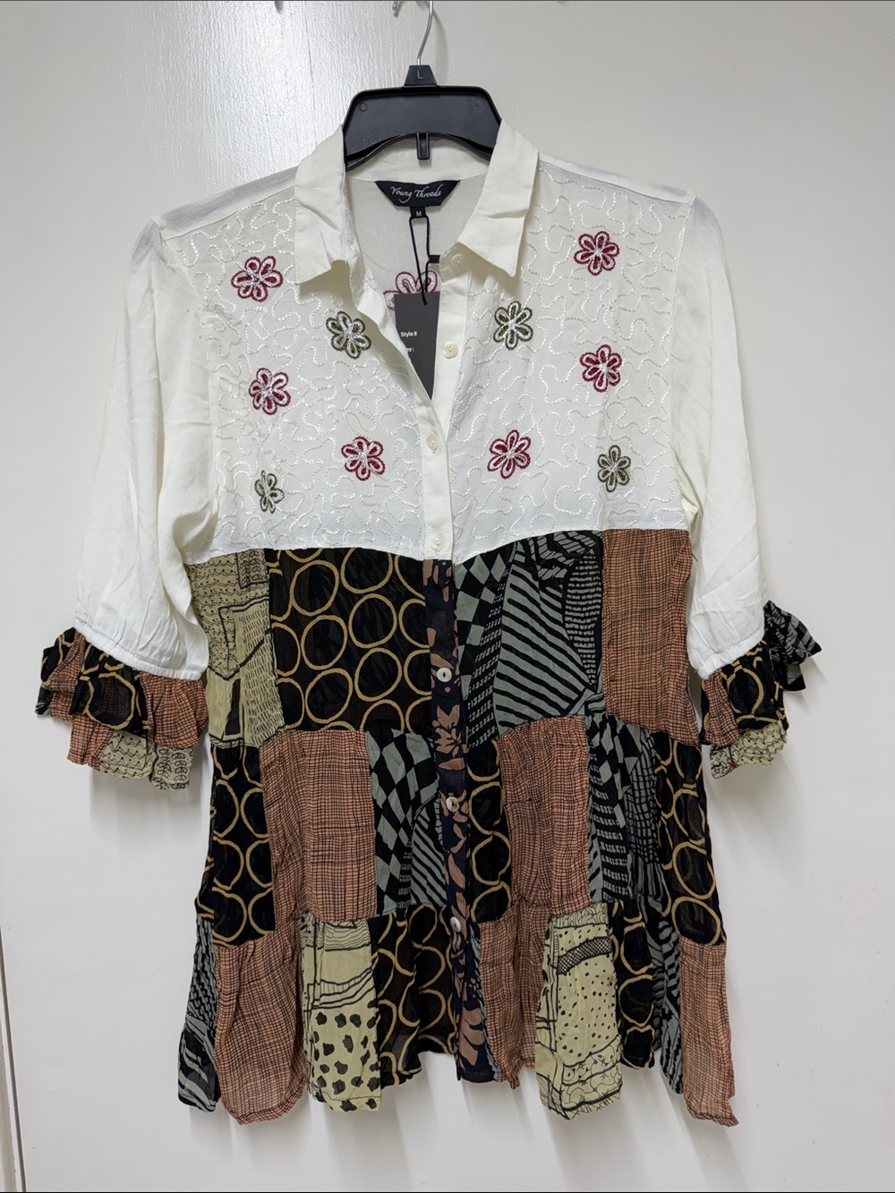 Ivory Floral Yoke Patchwork Button-Down Blouse